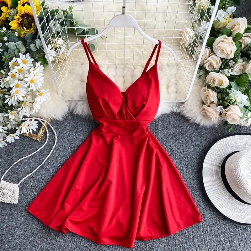 Abito Sexy da donna a-line con scollo a v e cinturino senza spalline Mini abiti coreani in tinta unita Vestidos Y2k Slim a vita alta Robe muslimah