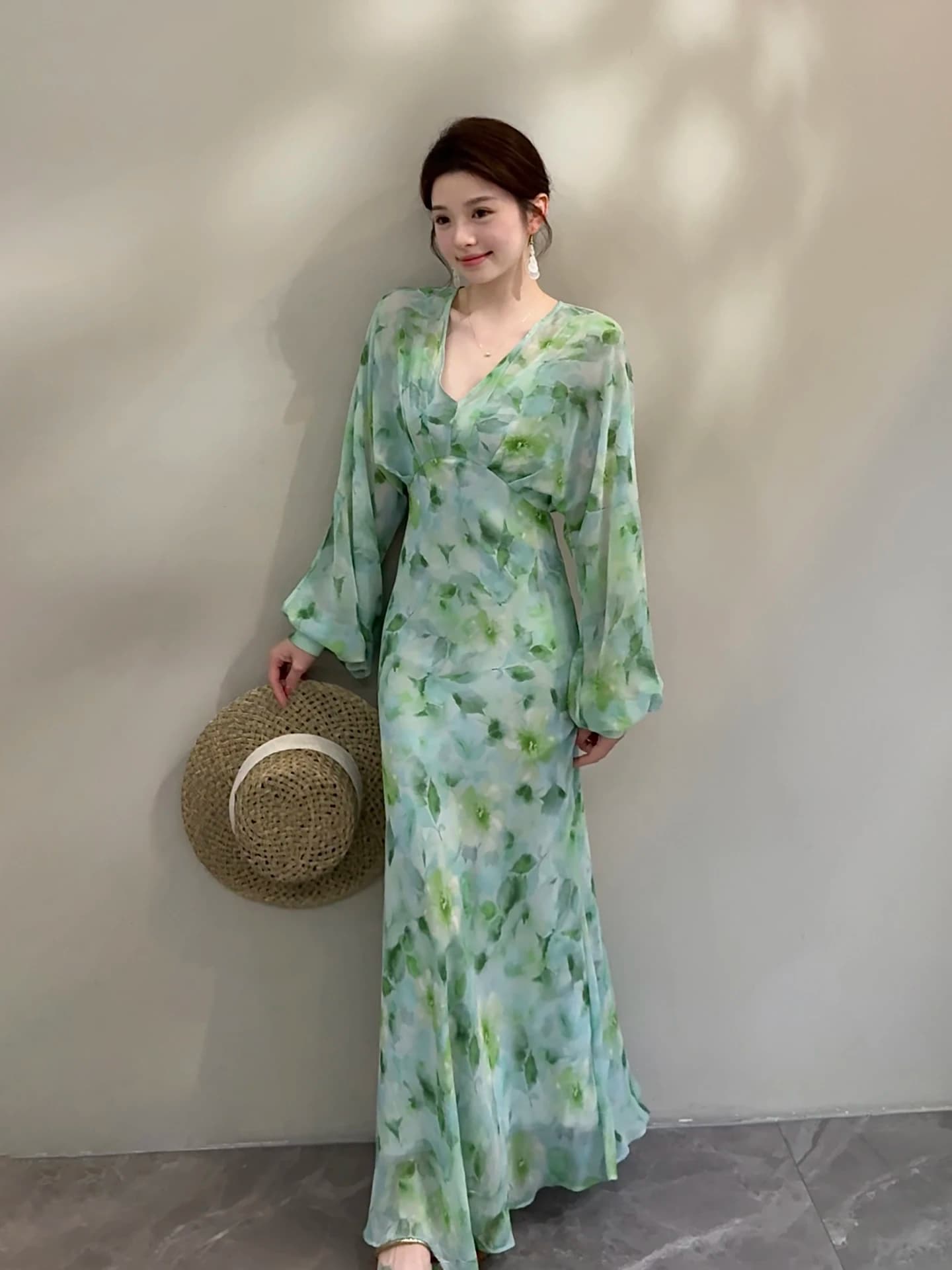 Elegant Watercolor Fading Print V-Neck Long Sleeve Dress Draped Skirt Style DT1957 Spring Summer New Arrival Ladies Dress