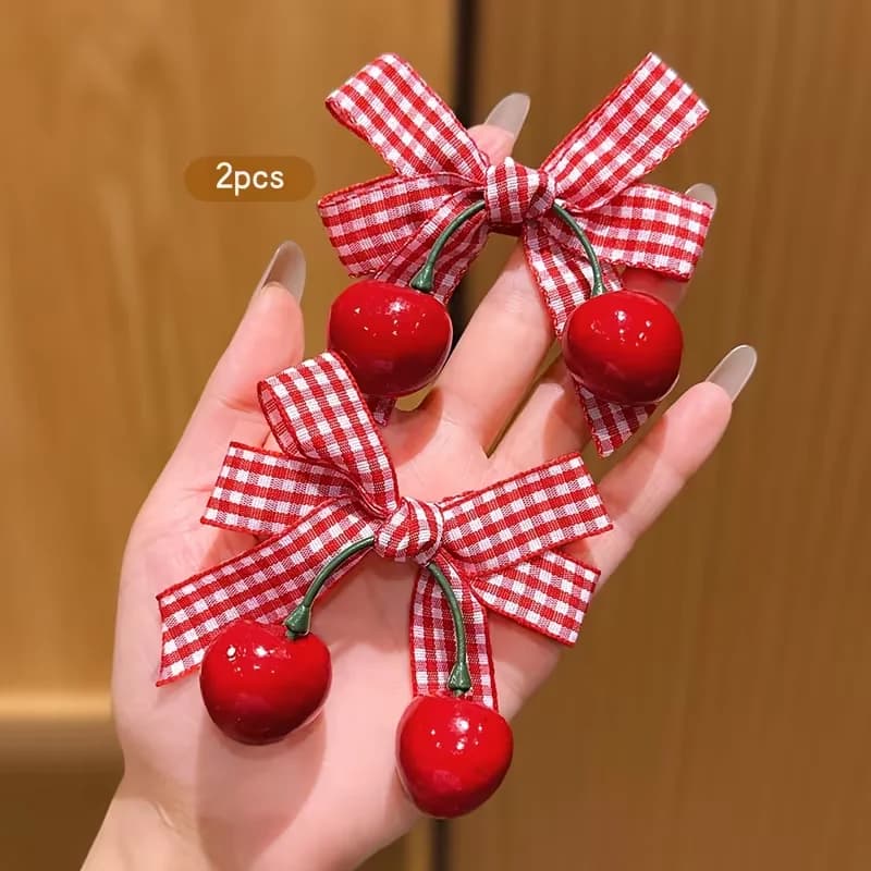 2pcs Red Cherry Bow Hair Clips Sweet Style Hairpins Affordable Daily Use Hair Accessories