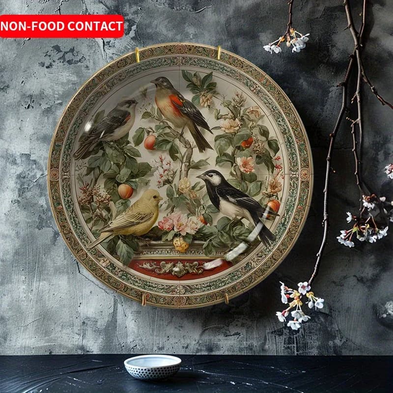 Piatto decorativo in ceramica dipinta a mano da 1 pezzo con piatto artistico rotondo con uccelli floreali e frutta - Centrotavola da tavolo elegante adatto per