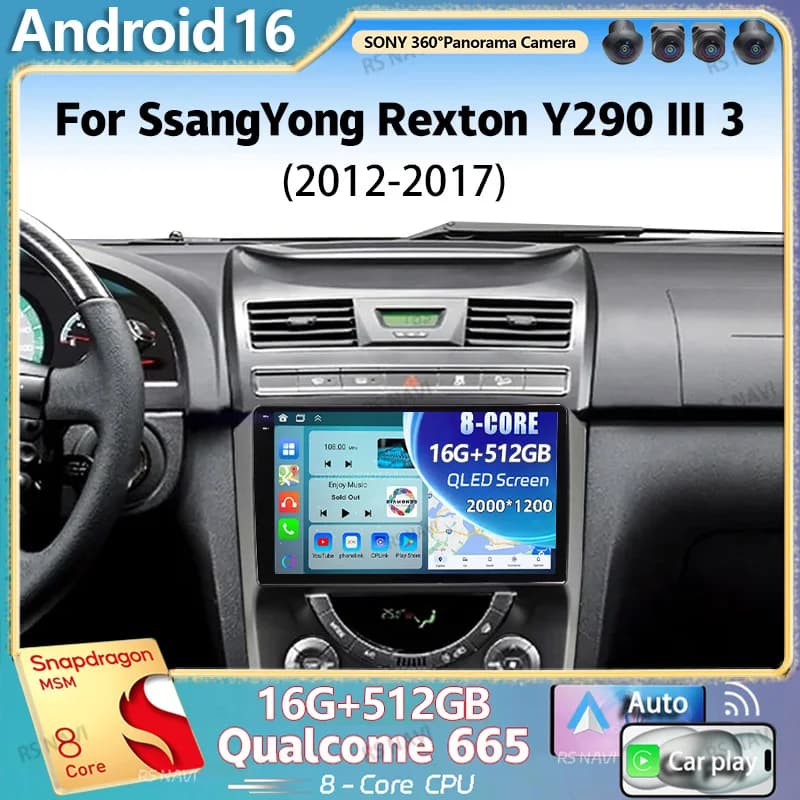 Autoradio Android 16 per SsangYong Rexton Y290 III 3 2012-2017, Lettore Multimediale Video 2K QLED con GPS, 4G e CarPlay Stereo