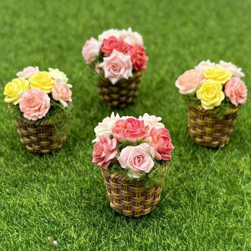 Mini Potted Flowers Mini Artificial Pot Basket Creative Simulation Plants for Dollhouse Scene Decor