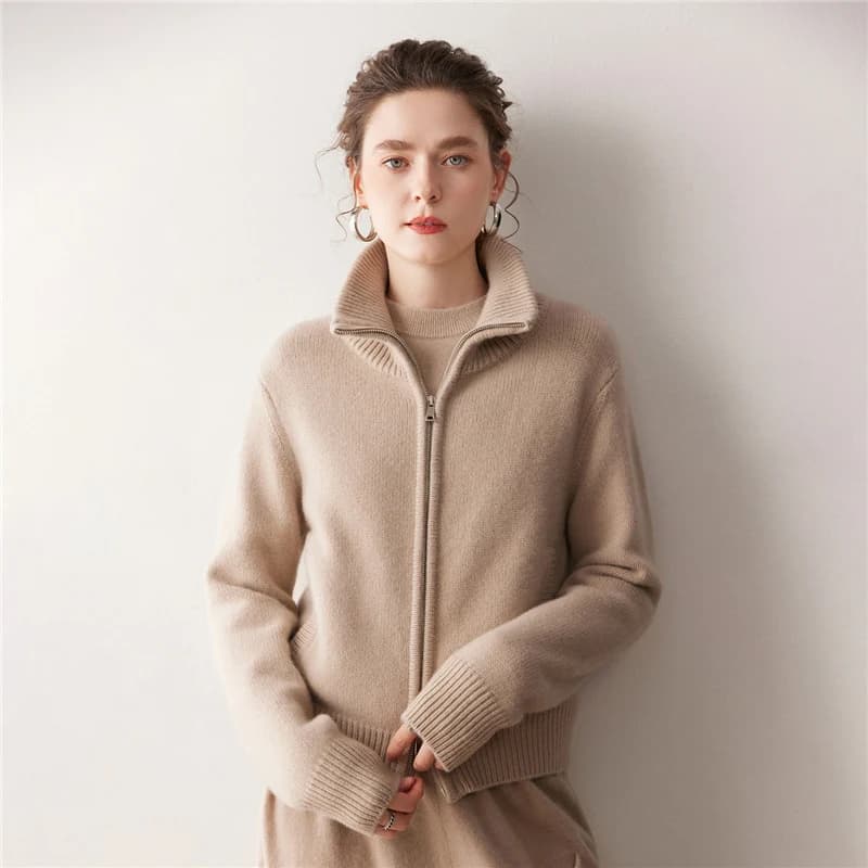 MVLYFLRT Cardigan lavorato a maglia in cashmere 100% da donna Colletto con risvolto Maglione con cerniera Moda Giacca corta invernale spessa Morbida e confortevole
