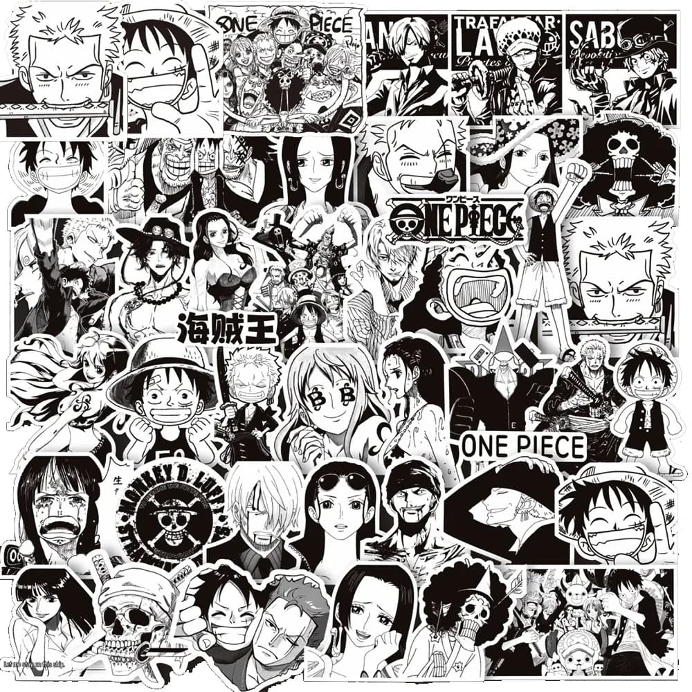 10/30/65 Pezzi Adesivi Anime ONE PIECE Luffy Bianco e Nero, Decalcomanie Fai-da-Te per Casco, Telefono, Skateboard, Quaderno, Adesivi Cartoon Cool, Regalo
