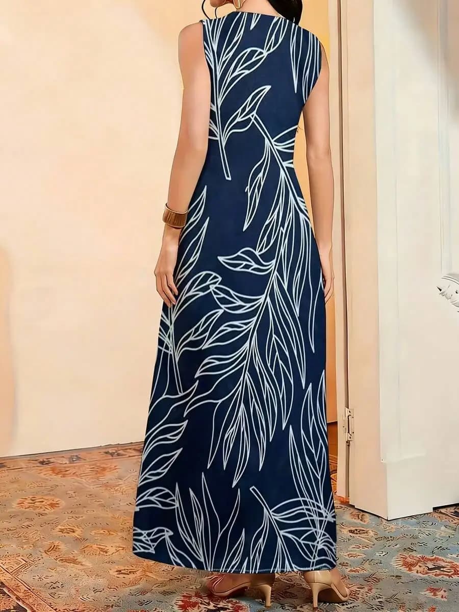 Women V Neck Sleeveless Maxi Dress Leaf Print Loose Fit Casual Long Dress
