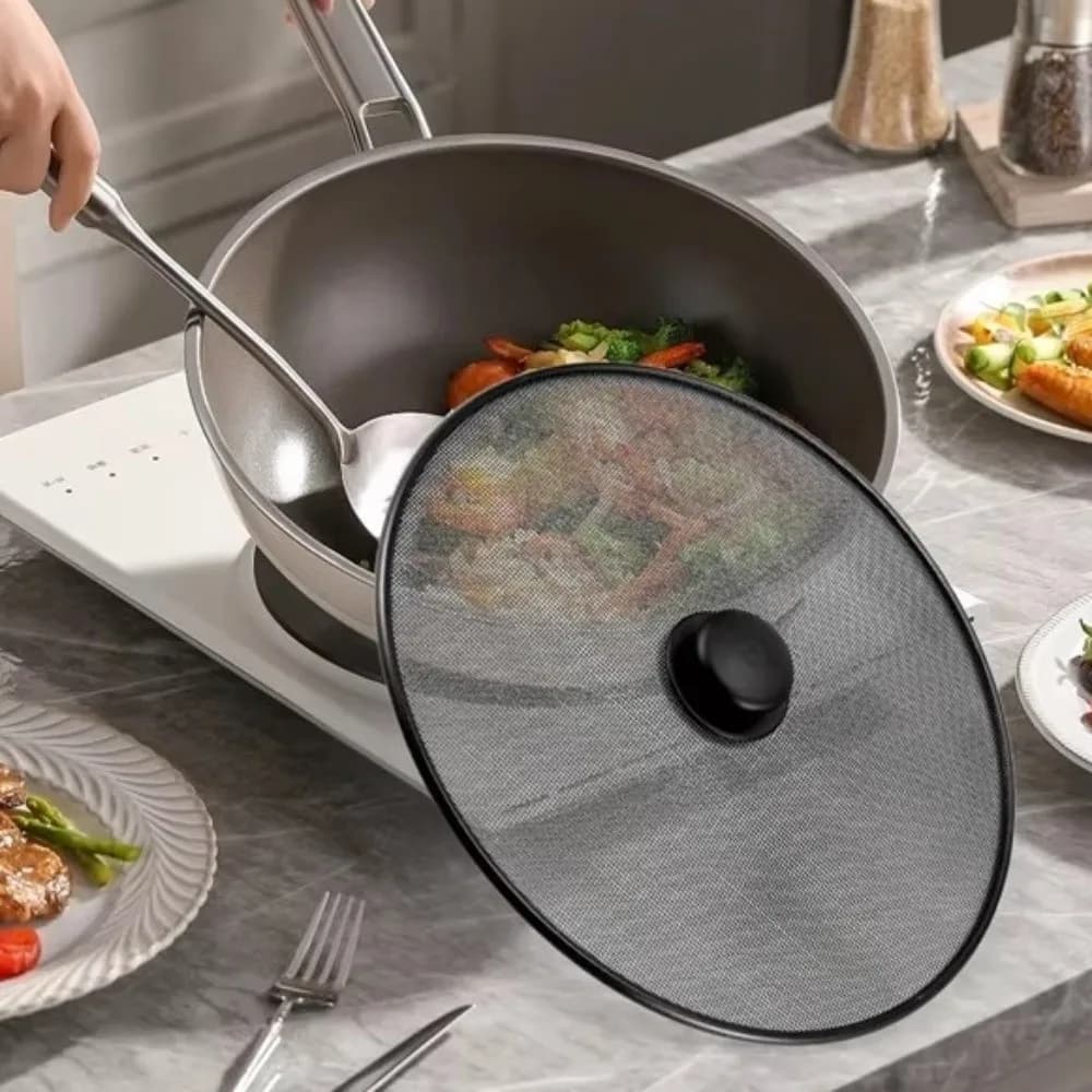 Anti-Splash Splatter Screen With Handle Stainless Steel Anti Grease Lid Fine Mesh Kitchen Splash Guard Frying Pan Use