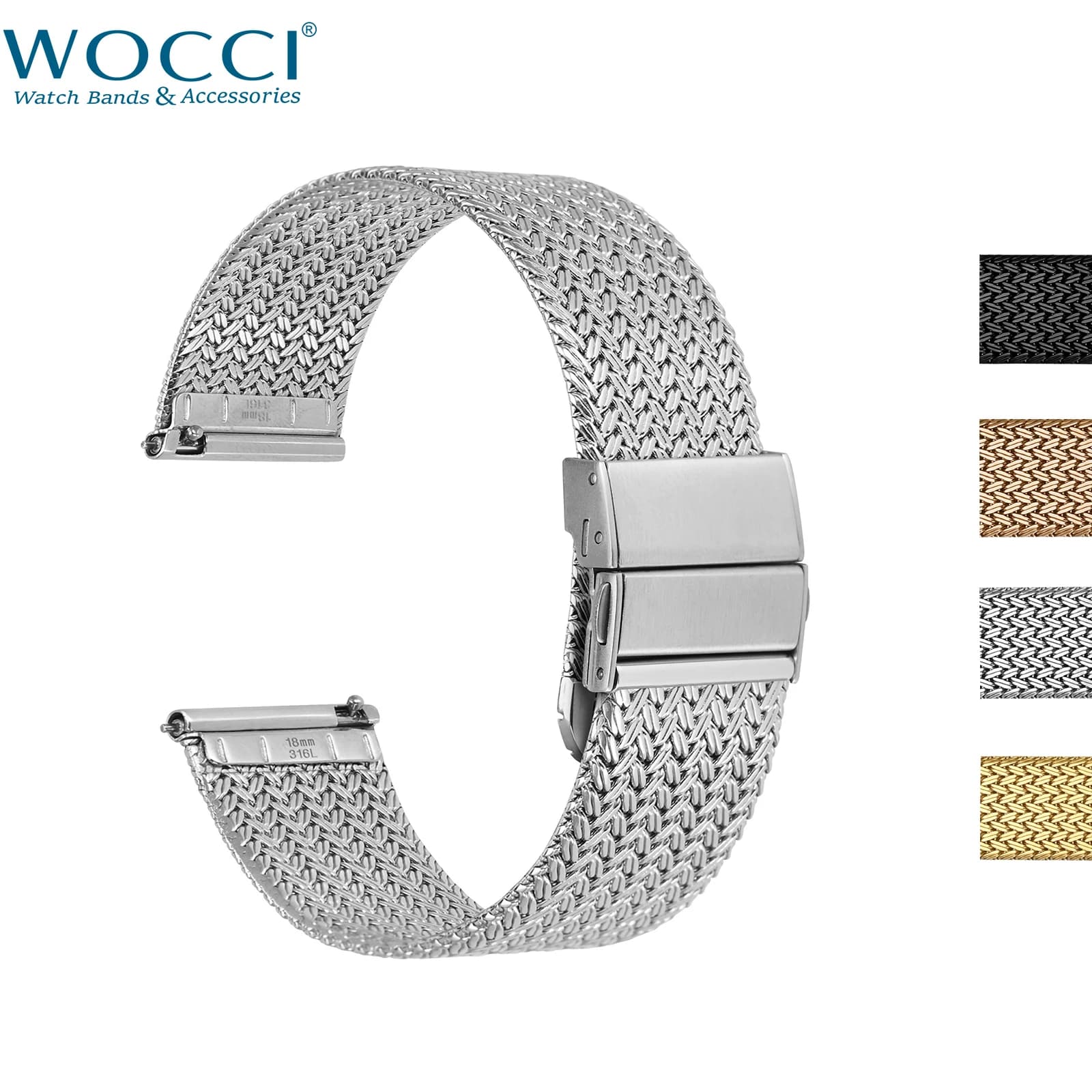 Cinturino per orologio in metallo WOCCI Elite, tessuto a rete, tessuto a rete, sgancio rapido, chiusura pieghevole aggiornata, larghezza cinturino 14 mm 16 mm 18 mm 20 mm 22 mm