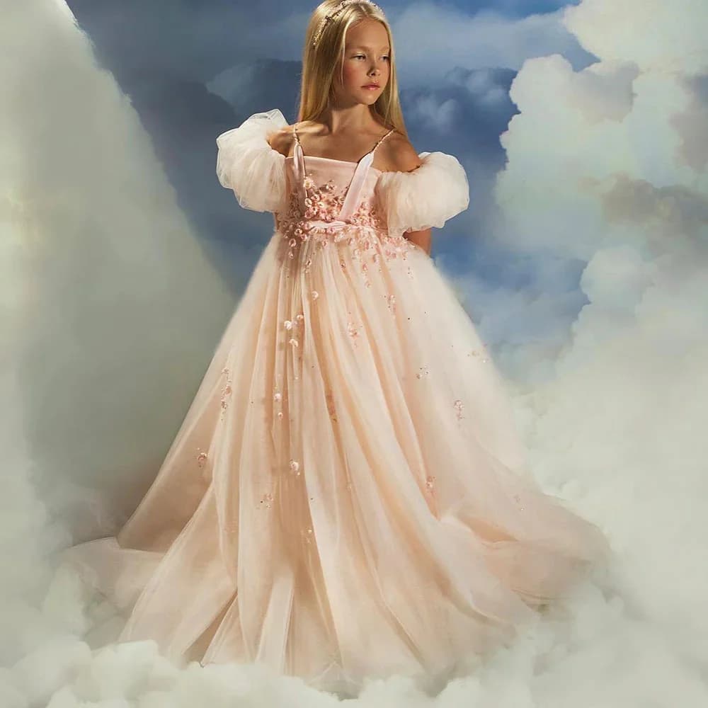 Abiti da ragazza di fiore in tulle champagne Abiti da spettacolo di compleanno per ragazza floreale 3D personalizzati Abiti da prima comunione per bambina