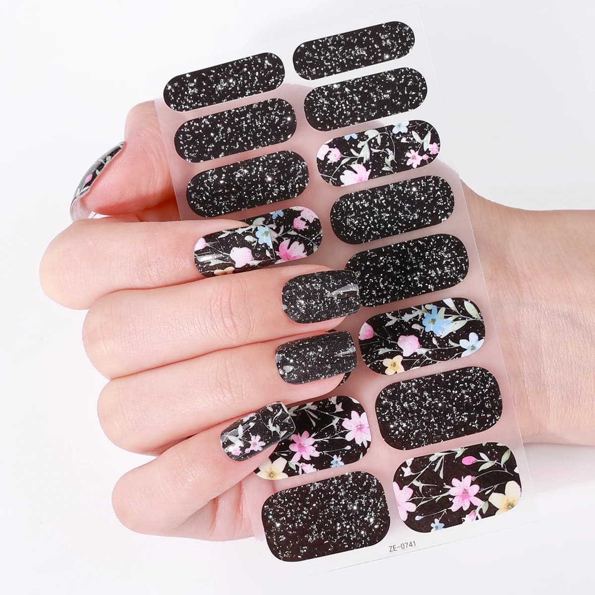 16 punte adesivi per unghie a copertura totale fiori neri e rosa adesivi per smalto rosa scintillante decorazioni per manicure fai da te per unghie autoadesive