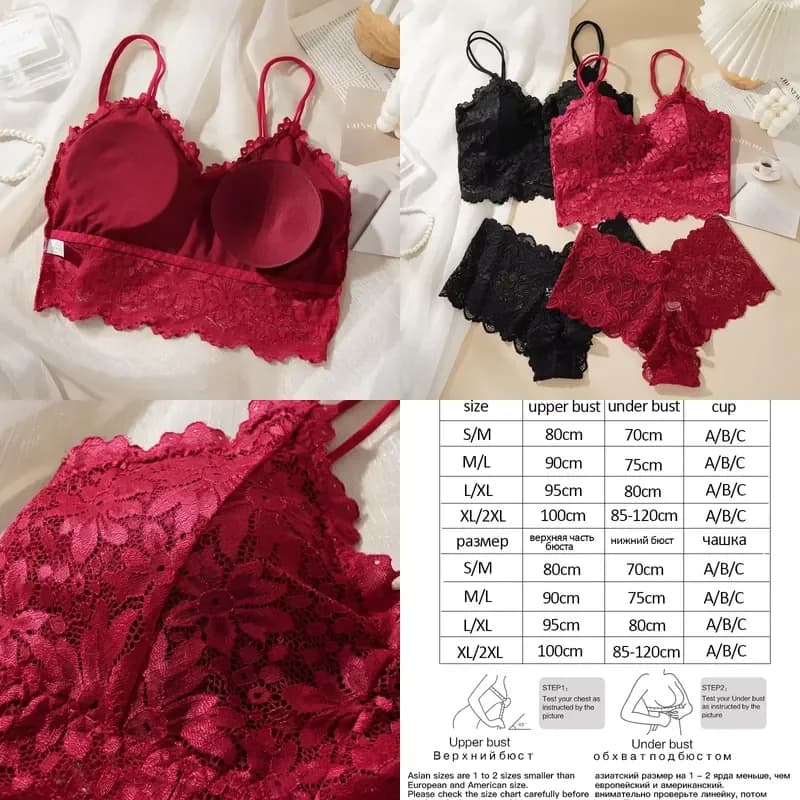 Women Sexy Lace Bra Set Solid Color Beautiful Back Hollow Out Wireless Underwear With Lace Flower Breathable Panties