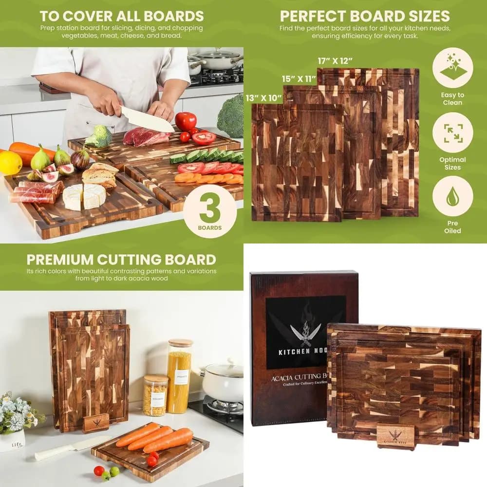 3 piece acacia wood cutting set with support, two-sided, handles and grooves for juices | 13, 15, 17 Kitchen tables
