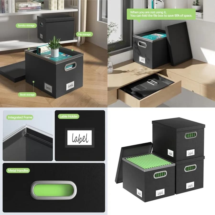 Set di 3 Scatole Portadocumenti Decorative con Coperchio per Appendere, Organizzatore per Documenti Formato Letter con Coperchio Unico