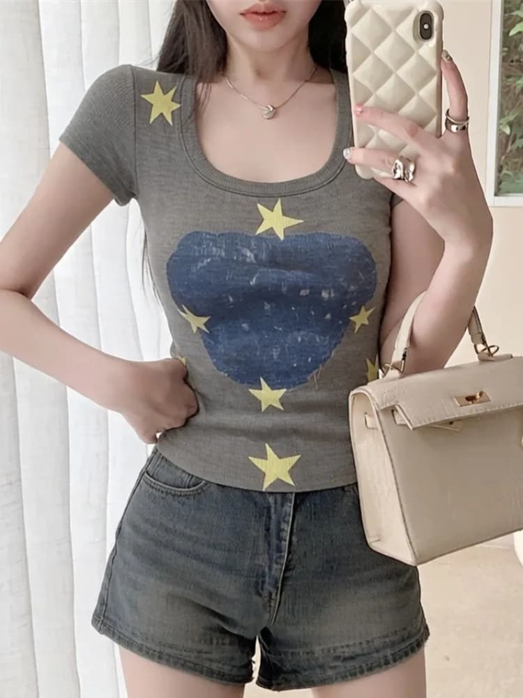 Summer New Style Women's Casual Printed U-Neck Short Sleeve T-Shirt Slim Fit Base Layer Short Top Fashionable And Comfortable