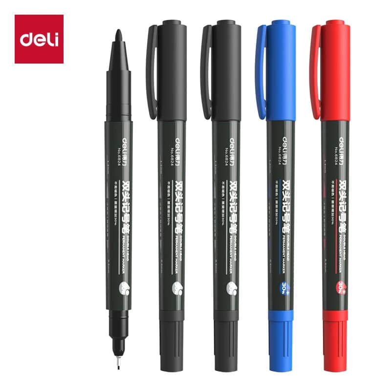 Deli Pennarello a doppia punta 3 pezzi/set Pennarelli permanenti impermeabili Nero Blu Rosso Inchiostro Magazzino Uso domestico