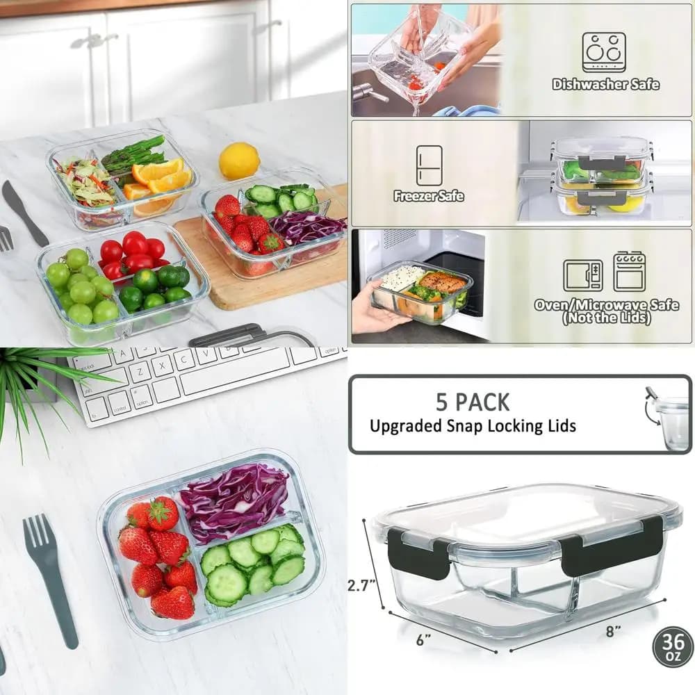 Confezione da 5 contenitori per la preparazione dei pasti in vetro a 3 scomparti da 36 once con coperchi, contenitori per il pranzo, microonde, forno, congelatore, lavabili in lavastoviglie (4,5 tazze