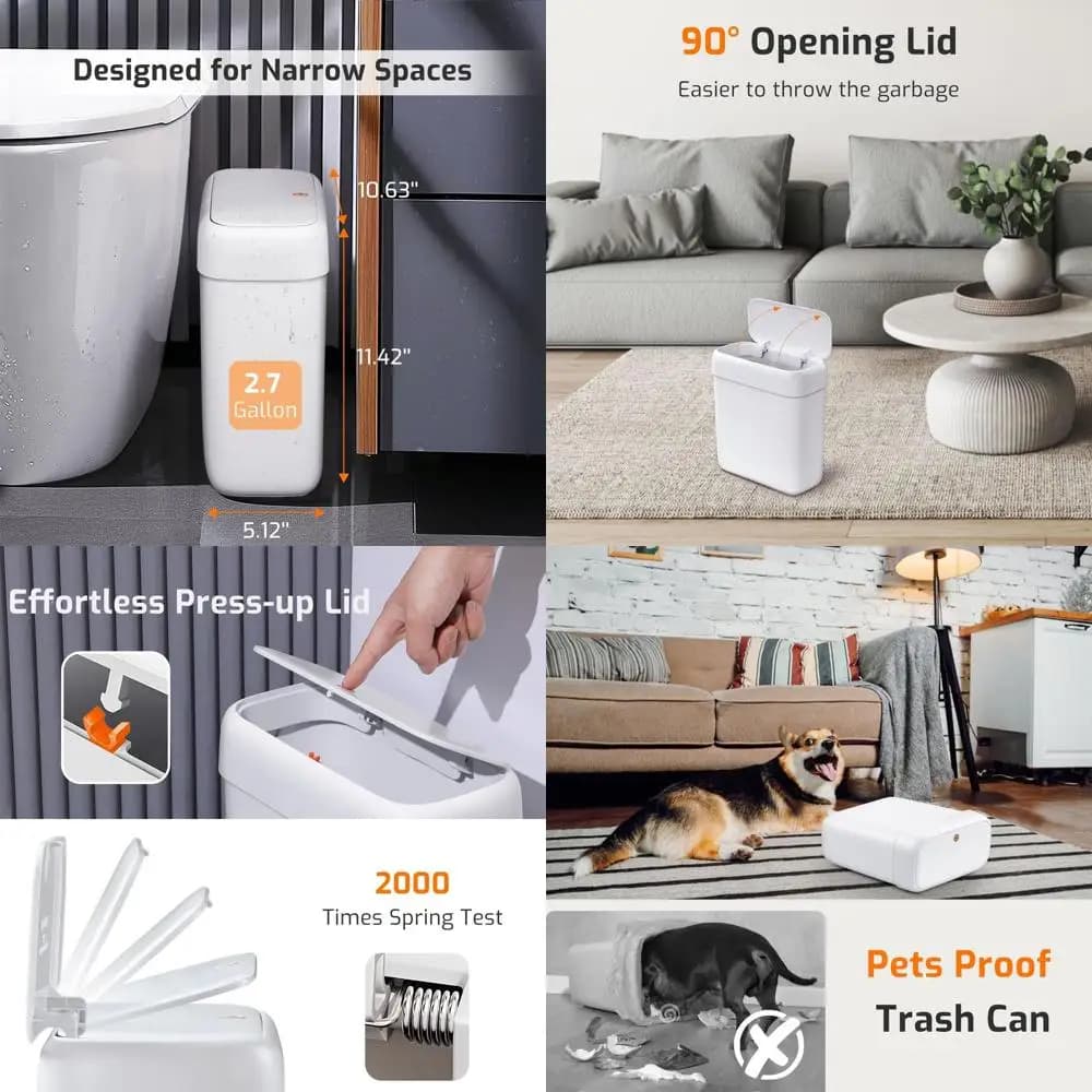 Bidone della spazzatura in plastica sottile da 10 litri con coperchio pop-up, cestino per rifiuti a prova di cani per spazi compatti in cucina, camera da letto, ufficio e altro - Whi