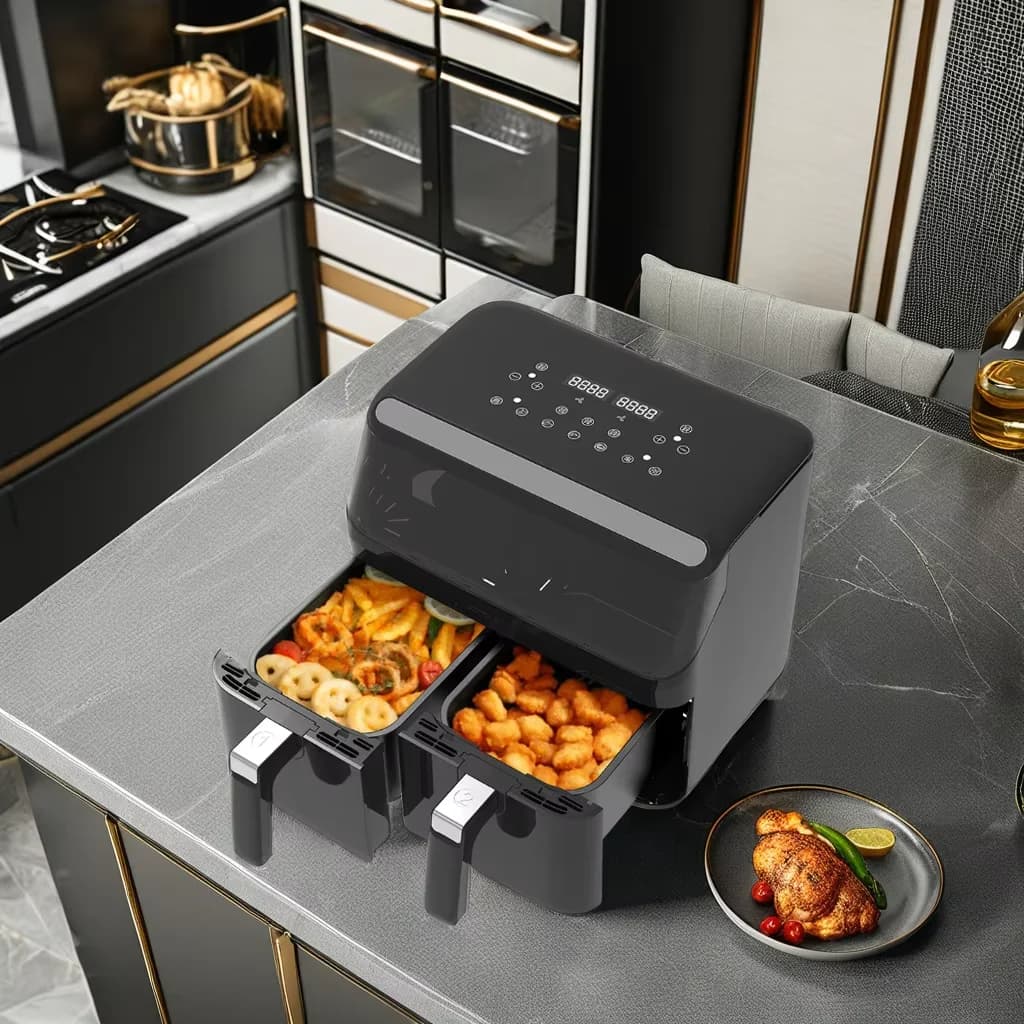 8L Luxury Square Smart Double Air Fryer Stainless Steel Oven Touch Screen Temperature Control Manual Power Home Kitchen Use