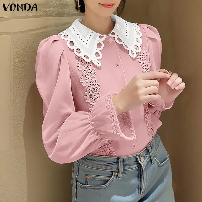 VONDA Camicetta in Pizzo da Donna, Elegante Camicia da Ufficio a Maniche Lunghe, Moda 2026, Bottoni Casual, Tunica Larga con Colletto Peter Pan