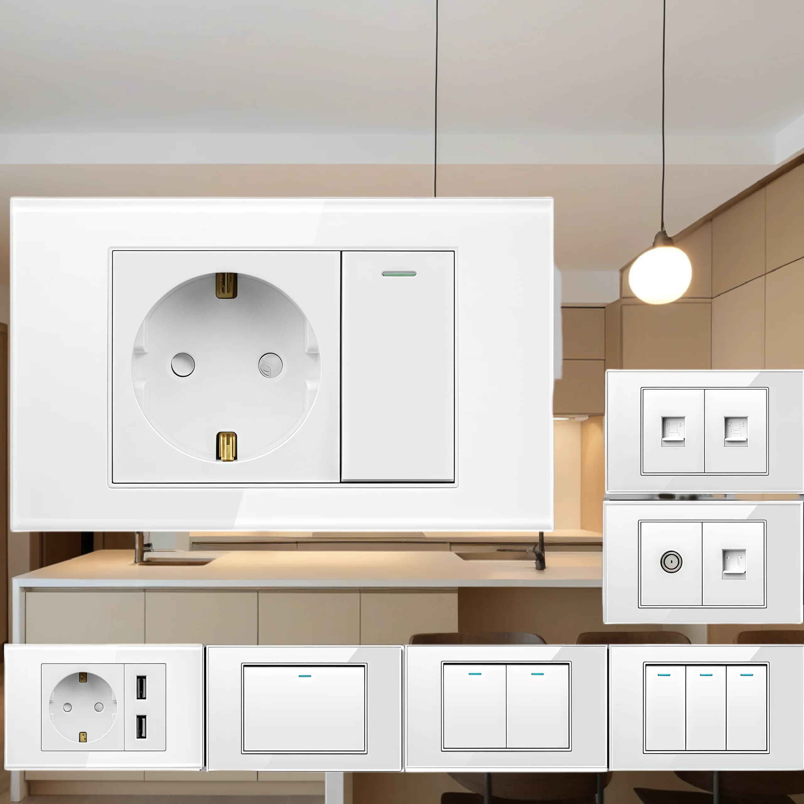 German standard white tempered glass panel for domestic EU 118 mm Wall socket with power plug with 2 holes 16A with switch combination