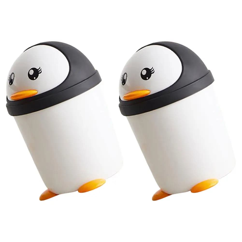 2Pcs Cute Penguin Trash Can Swing Lid Paper Wastebasket Desktop Dustbin Office Car Kids Room Small Trash Can Desktop Trashcan