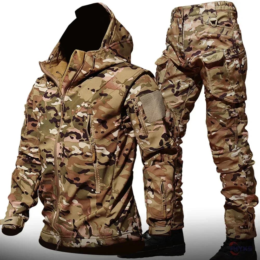 6XL Winter Dresses Tactical Jacket with Hood Soft Shell Straight Cargo Pants Waterproof Military Combat Uniform Dresses