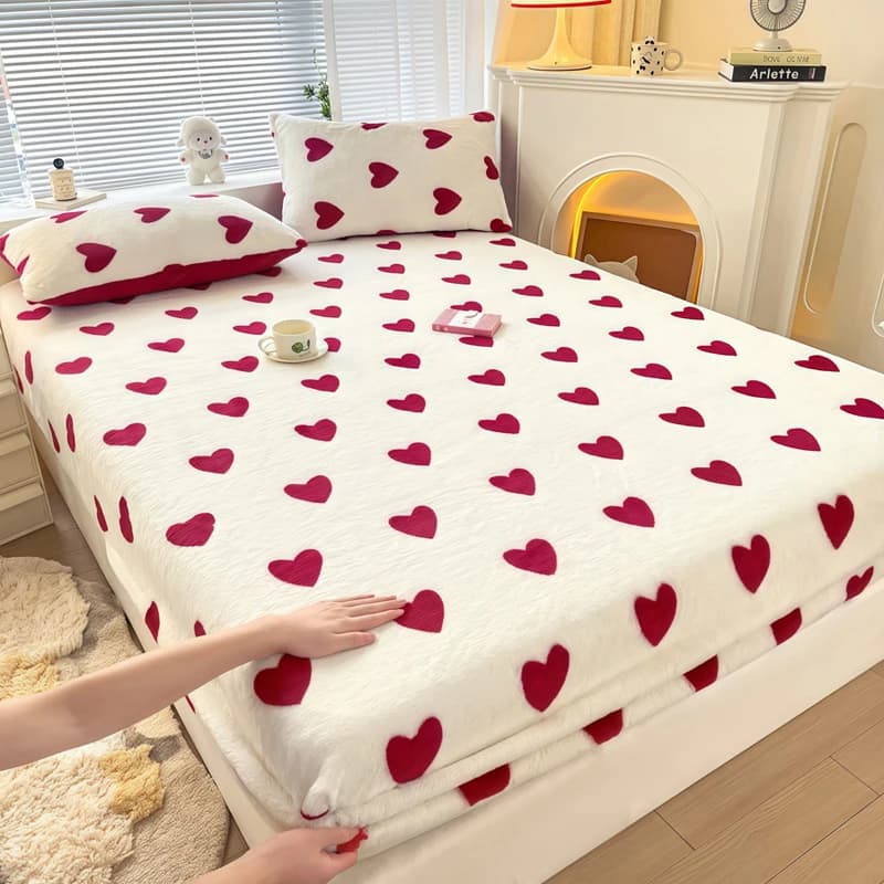 WOSTAR Lenzuolo con angoli in peluche caldo invernale, copri materasso elastico, biancheria da letto in soffice pile corallo stampato a cuore rosso 200x220