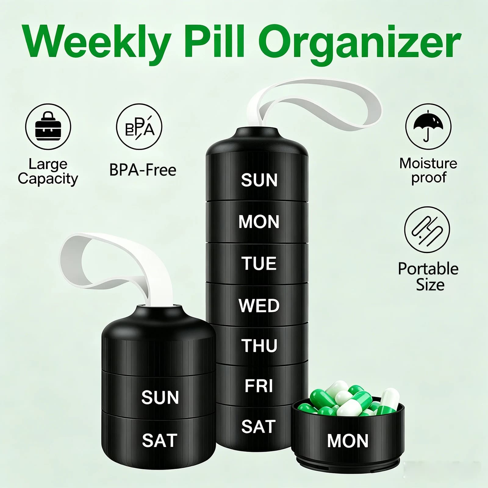 Premuim Pill Organizer Portable Travel Weekly Pill Case for Vitamins Fish Oil Supplements Large Capacity Medicine Container