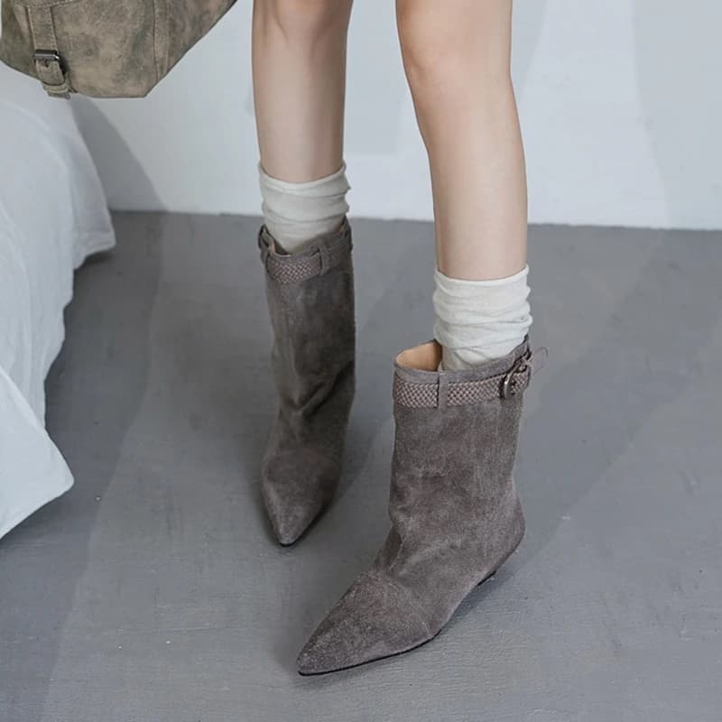 NEW Autumn/Winter Women Boots Cow Suede Leather Shoes Women Pointed Toe Wedges Shoe Slip-on Modern Boots Belt Buckle Daily Shoes