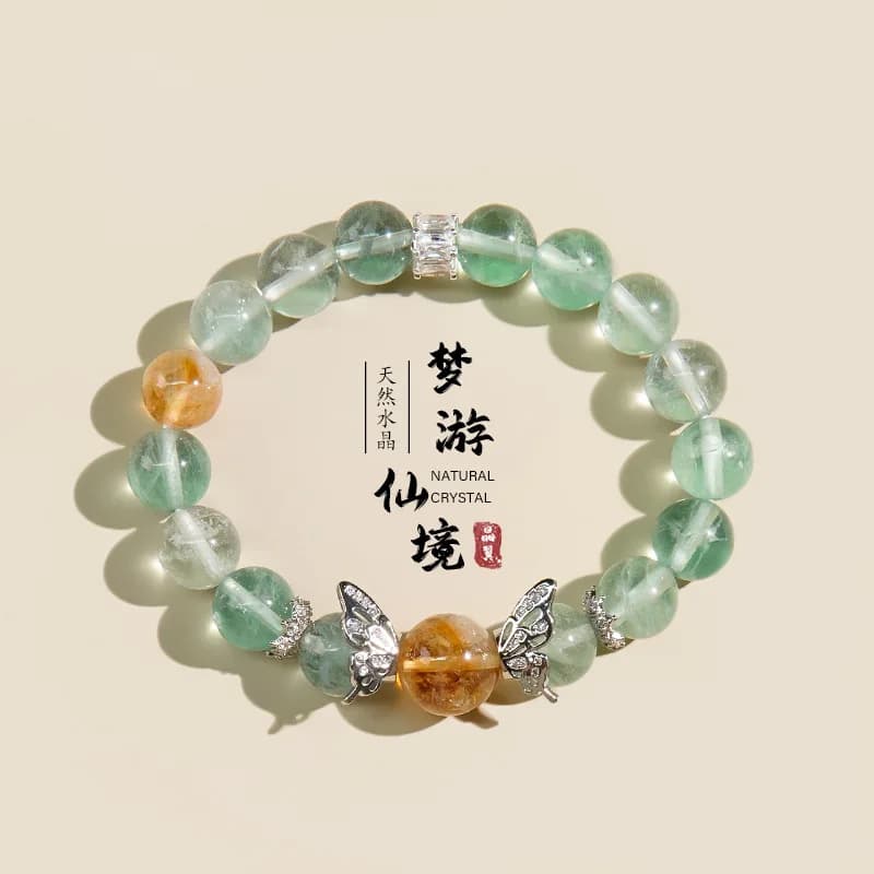 Sleepwalking in Wonderland Fluorite verde naturale Torre gialla Cristallo Fresco Senso Bracciale in cristallo verde Ins Regali con cordino a mano