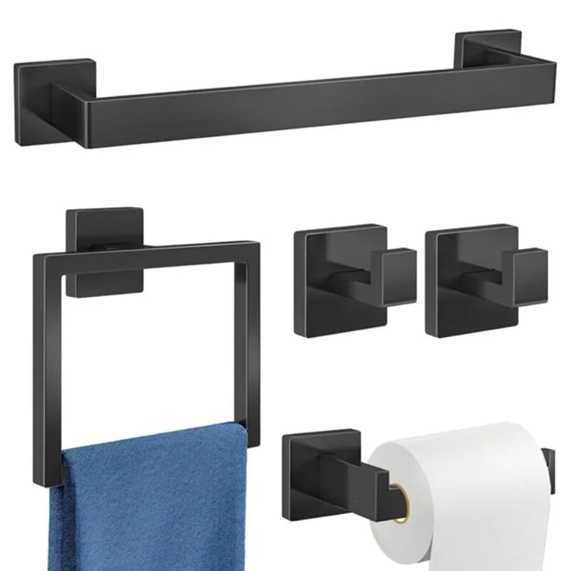 5Pcs Bathroom Hardware Accessories Set Towel Racks for Bathroom Wall Mounted Stainless Steel Black Towel Bar Set 15.74In