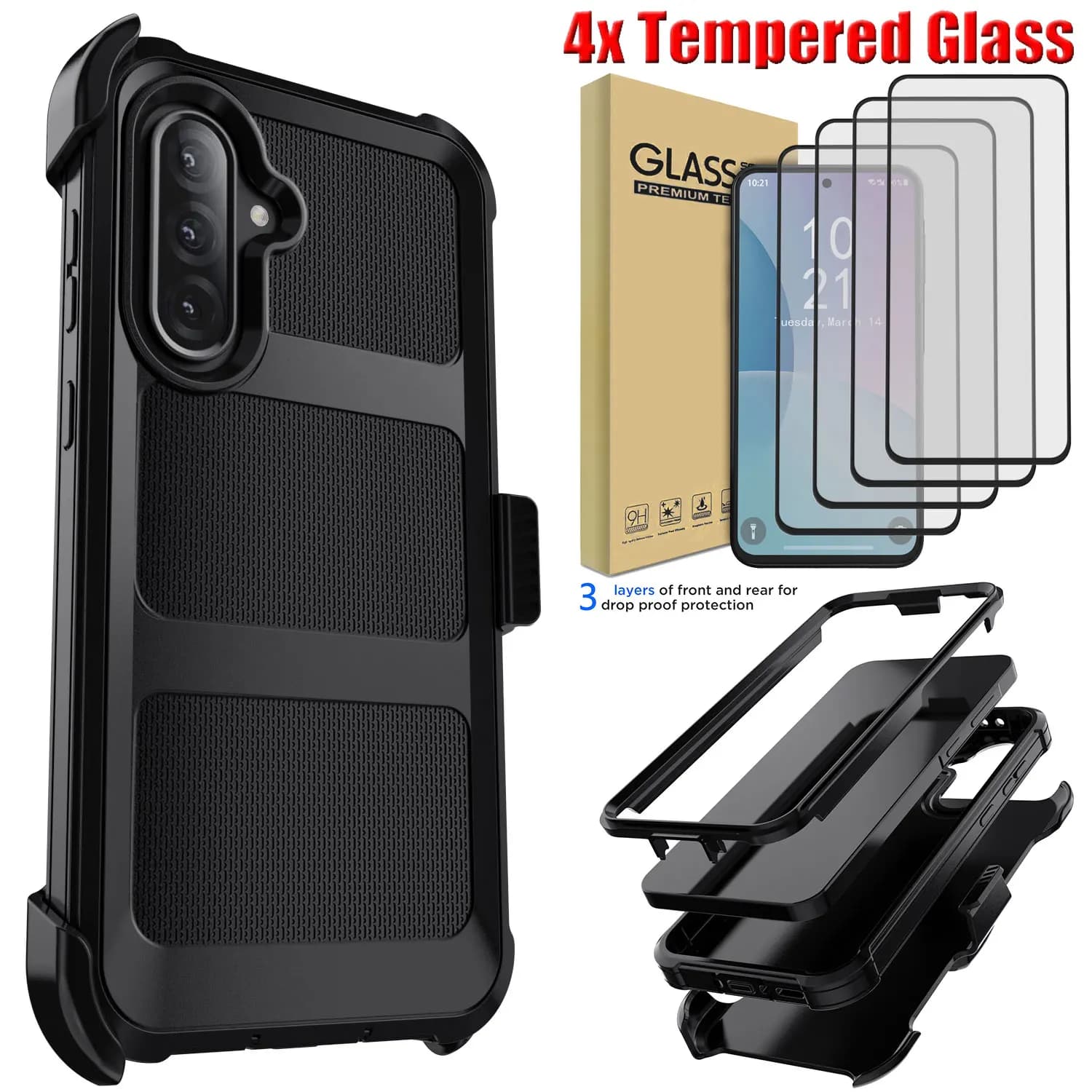 Protective Protective Case for Samsung Galaxy A36 with Belt Clip + 4 Protective Films in Transparent Tempered Glass