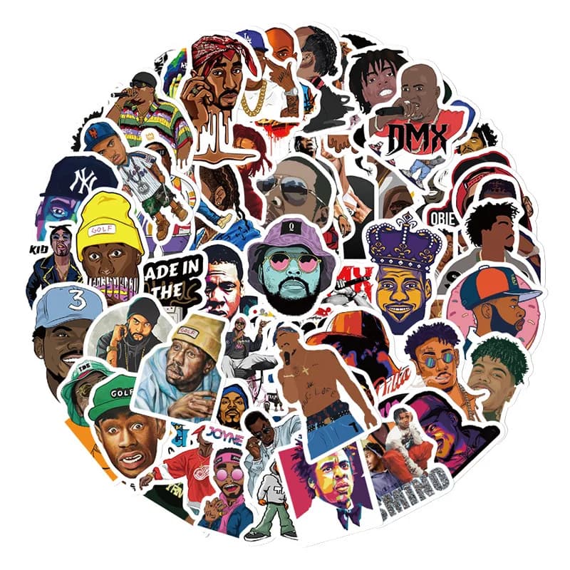 64 stickers for Western East Coast rap artists - Laptop/guitary/water bottle decorations - Waterproof hip-hop street culture