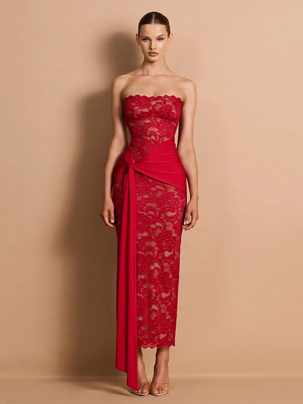 Modphy Elegant Lace Strapless Waist Patchwork Long Dress Strapless Backless For Slimming And Formal Evening Ladies' Dress