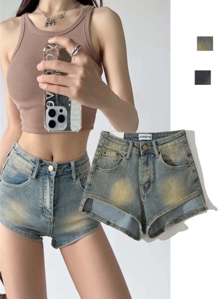 Low-Waist Denim Shorts Women's Summer Sexy Tightening Retro Slimming A-Line Skirt Hot Pants Casual Style Zipper Closure