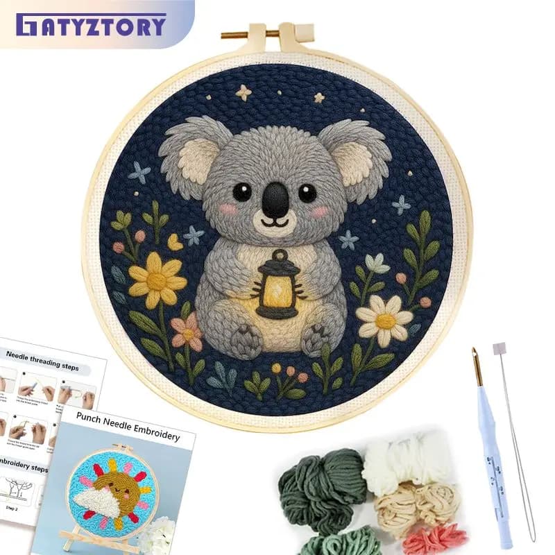 GATYZTORY DIY Punch Needle Kits Fox Animal Easy for Beginners Punch Needle Embroidery Set with Hoop Rug hooking for Festival Gif