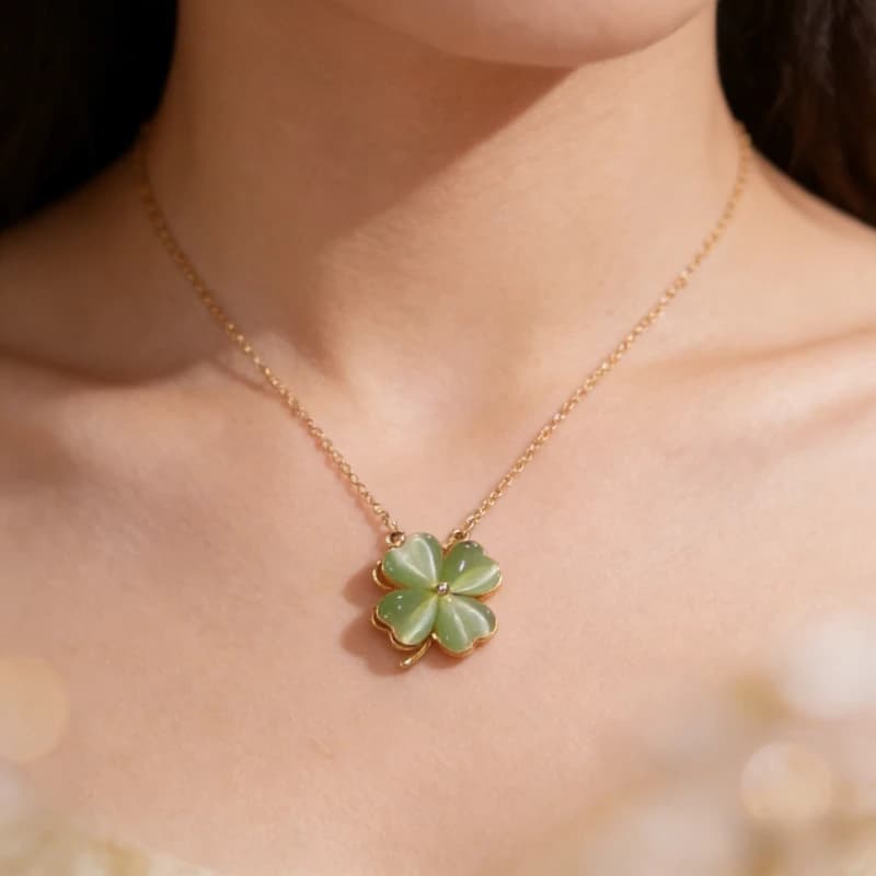 Fashion Rotating Green Clover Necklace Earring Set for Women, 925 Silver Plated Trendy Jade Flower Pendant Jewelry Gift