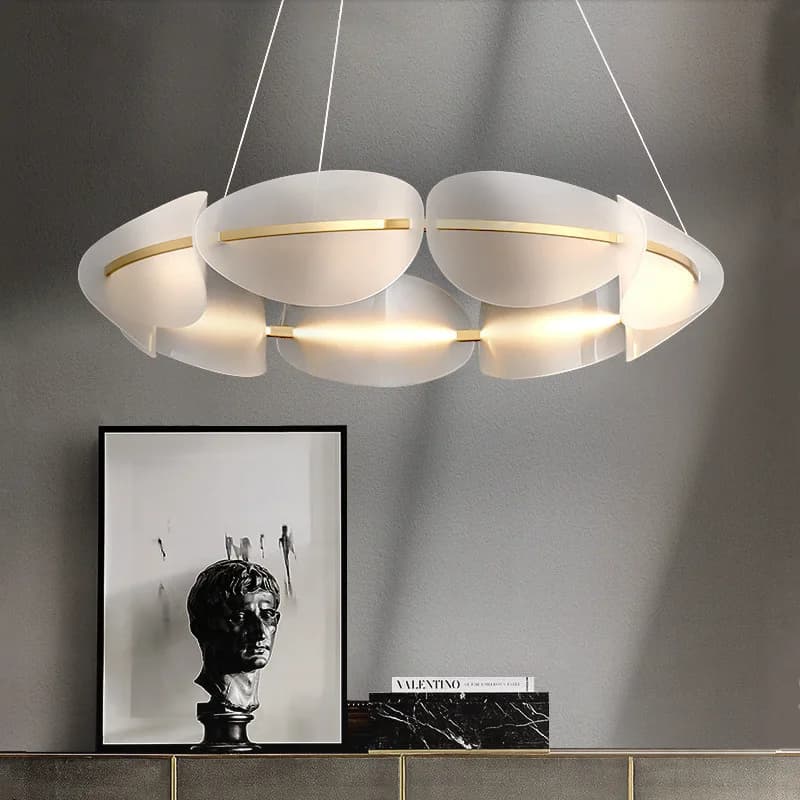 Modern Brass Ring Chandelier Frosted Glass Petal Pendant Light 2026 Luxury LED Ceiling Luster for Living Room Dining Table