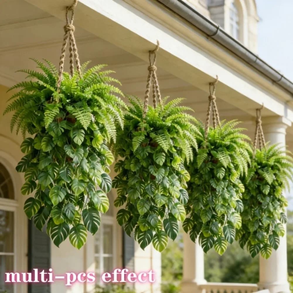 Plastic Artificial Hanging Monstera Vine Anti-Fade UV Resistant Persian Grass Wall Hanging Plant Dense Layered Branches