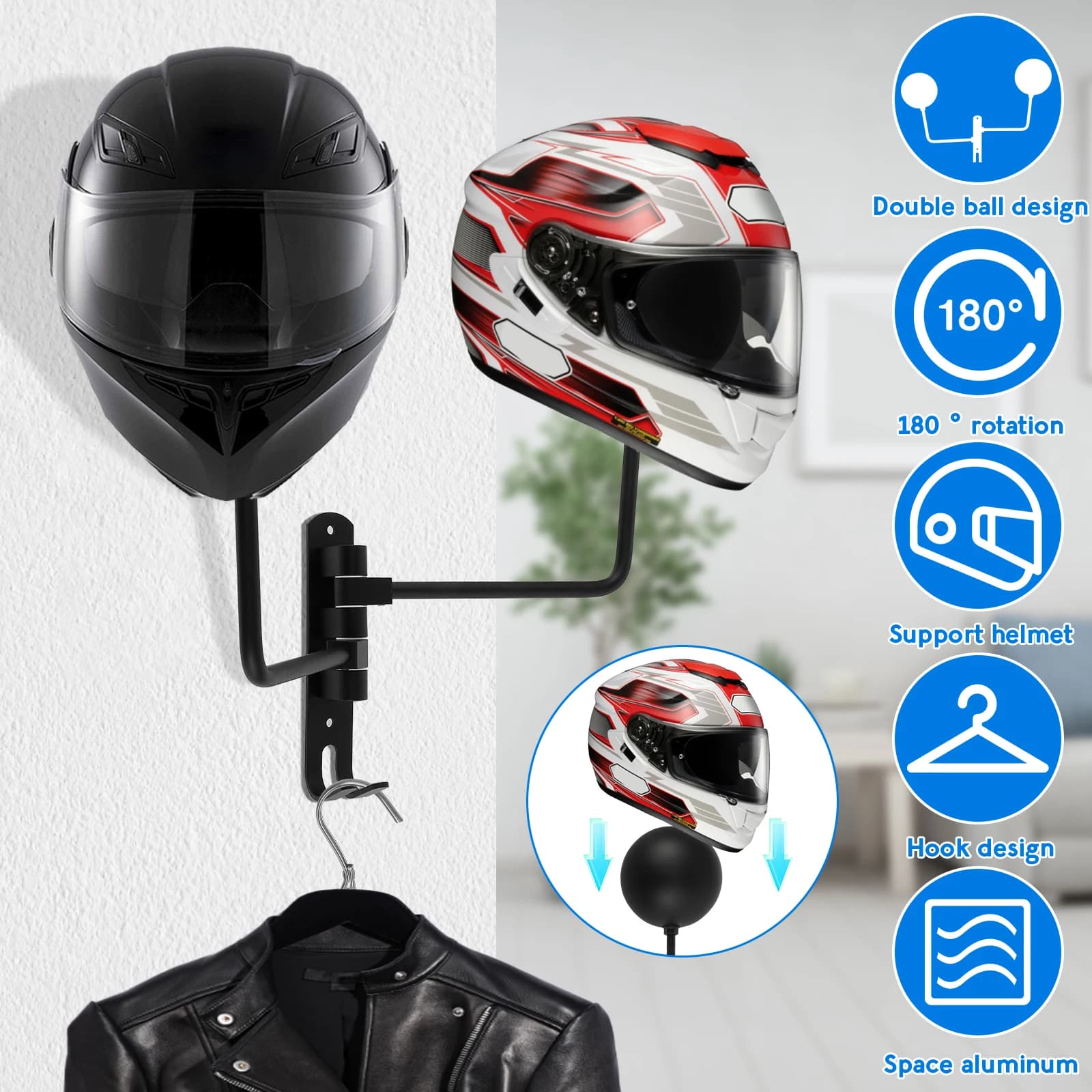 2 pezzi supporto per casco moto Single/Dual-Ball supporto da parete supporto per casco bici rotazione 180 ° gancio per casco in acciaio con gancio Rack in metallo
