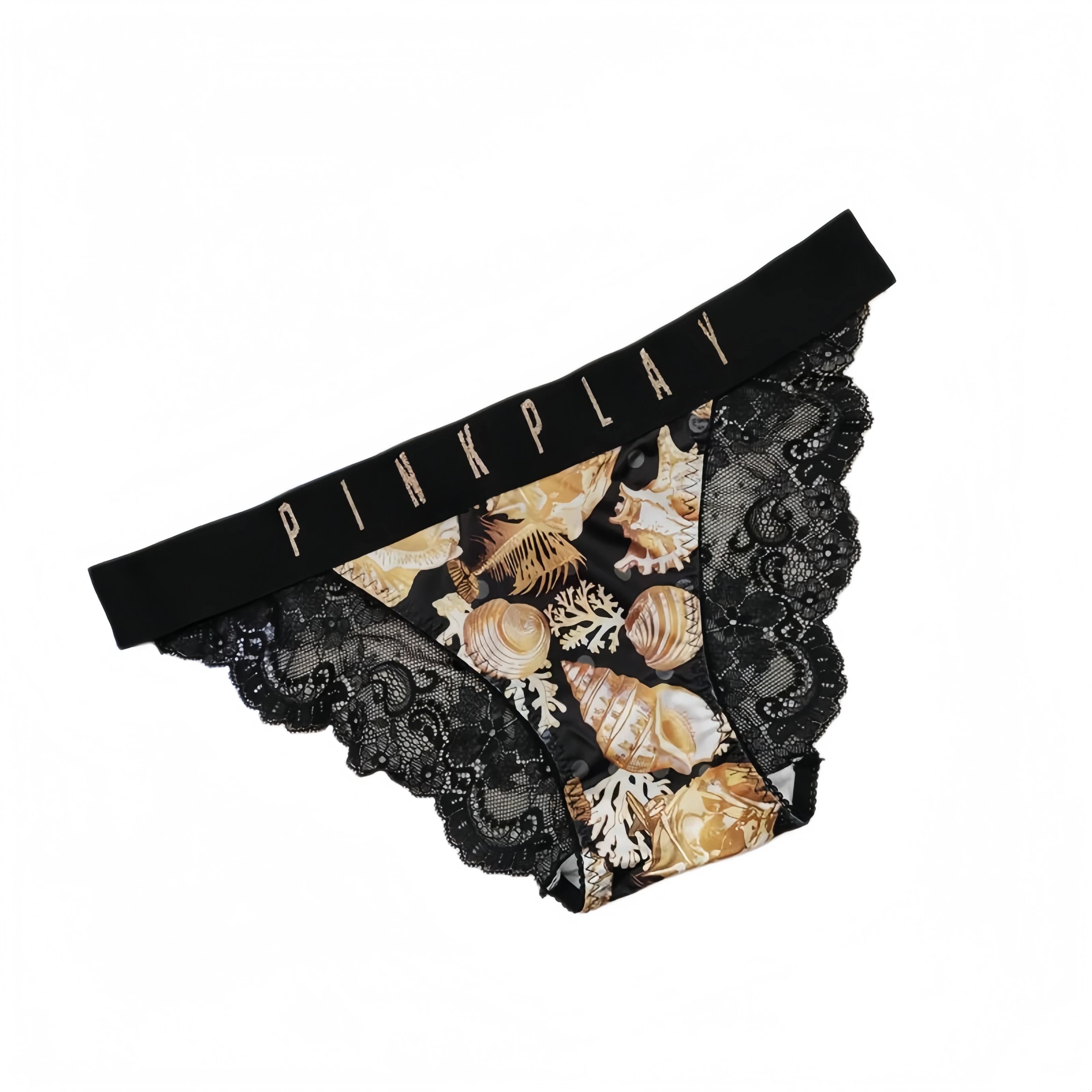 Women's Seashell Floral Print Panties with Rhinestone Letter Waistband Lace Splice Sexy Wrap Buttock Briefs Ladies Underwear