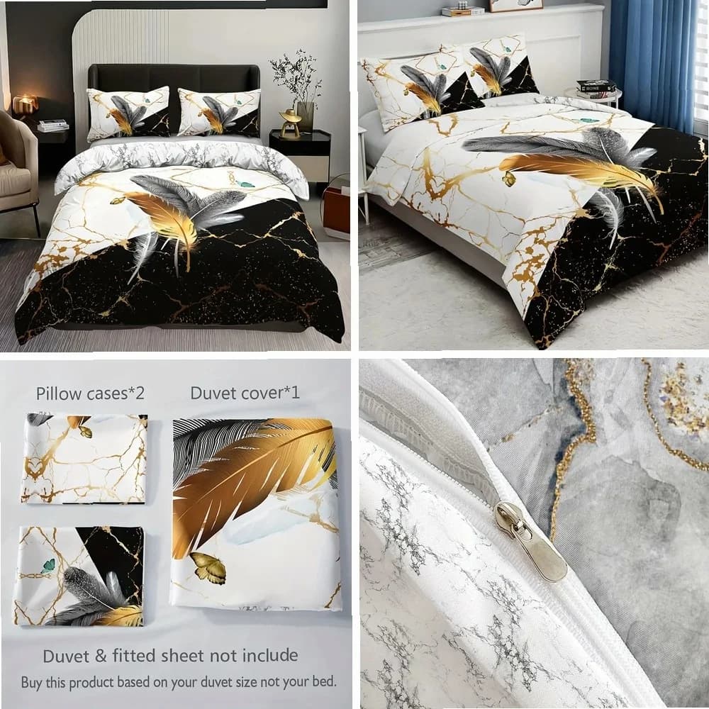 3pcs Fashion Duvet Cover Set Bronzing Marble Feather Print Bedding Set, Soft Comfortable Duvet Cover, For Bedroom, Guest Room