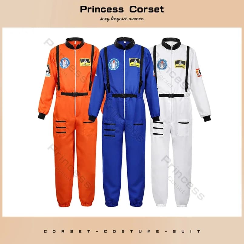 Costume da astronauta adulto per donna uomo costume da volo costume cosplay astronauta spaziale tuta intera blu con cerniera carnevale
