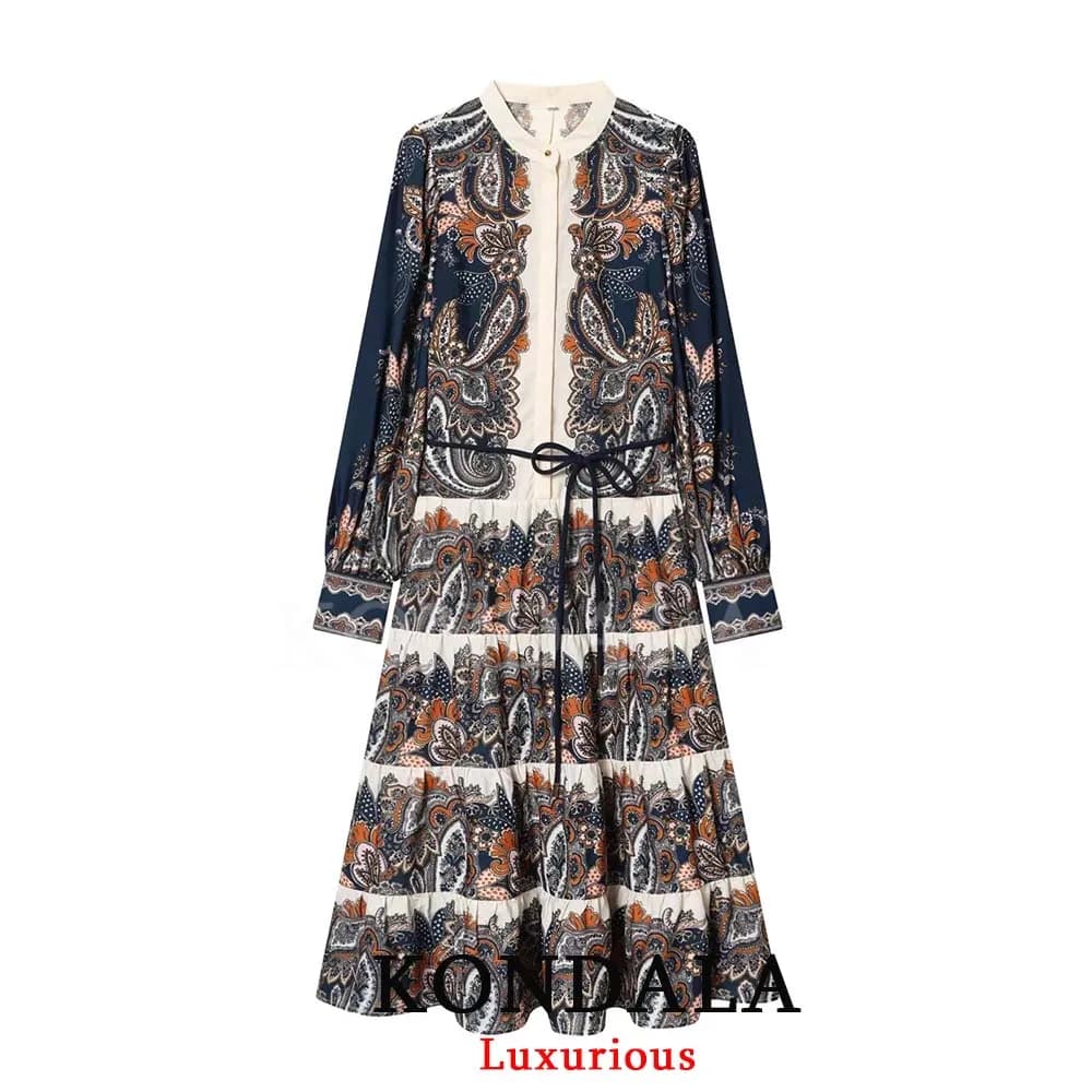 KONDALA Vintage Chic Women's Dress with Print O-Colle Long Sleeved Belt Long Sleeved Dresses New Fashion 2026 Spring Holiday Folded Dresses