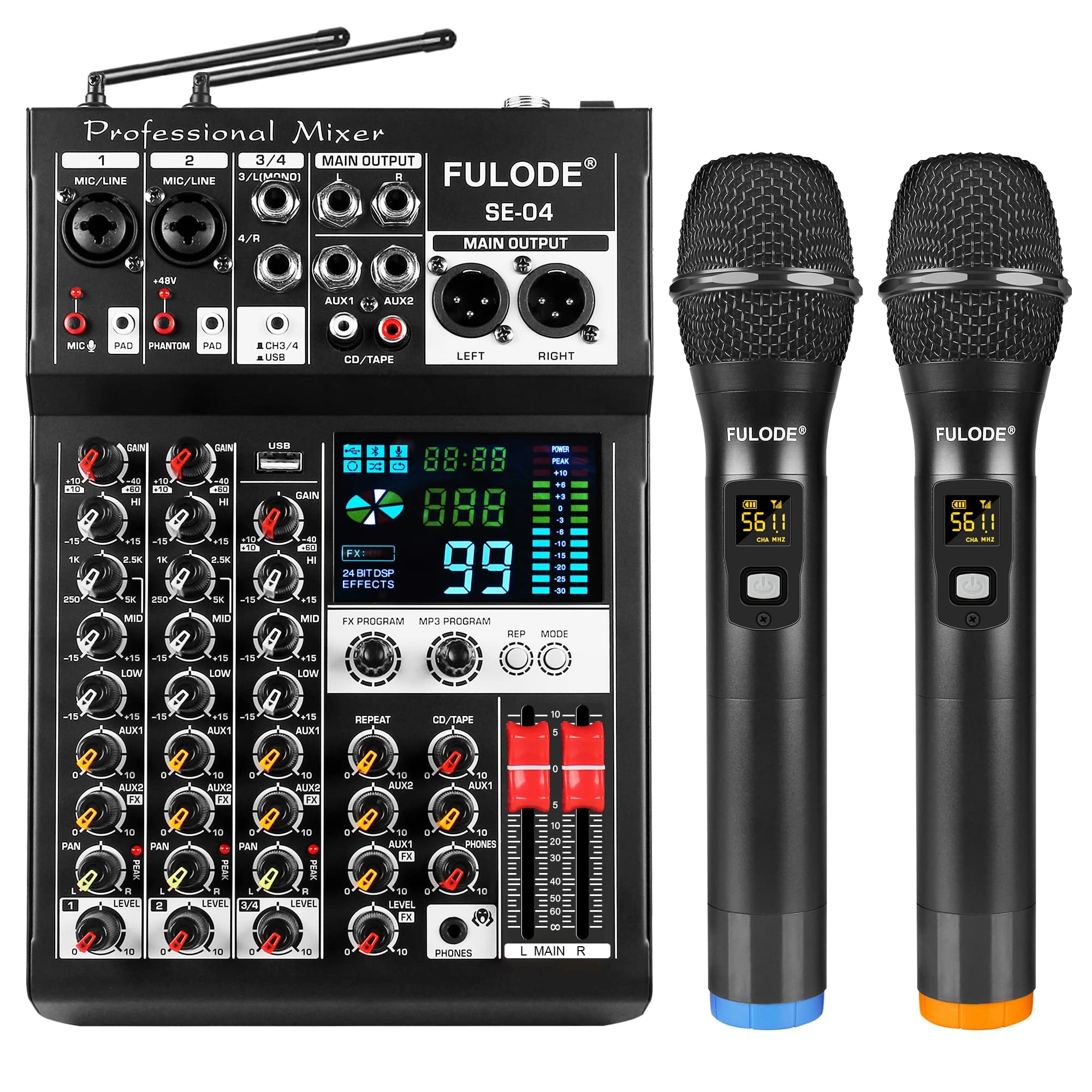Mixer Audio Professionale FULUODE a 4 Canali con Microfono Wireless UHF, Sistema Karaoke USB Bluetooth, Console di Mixaggio Audio