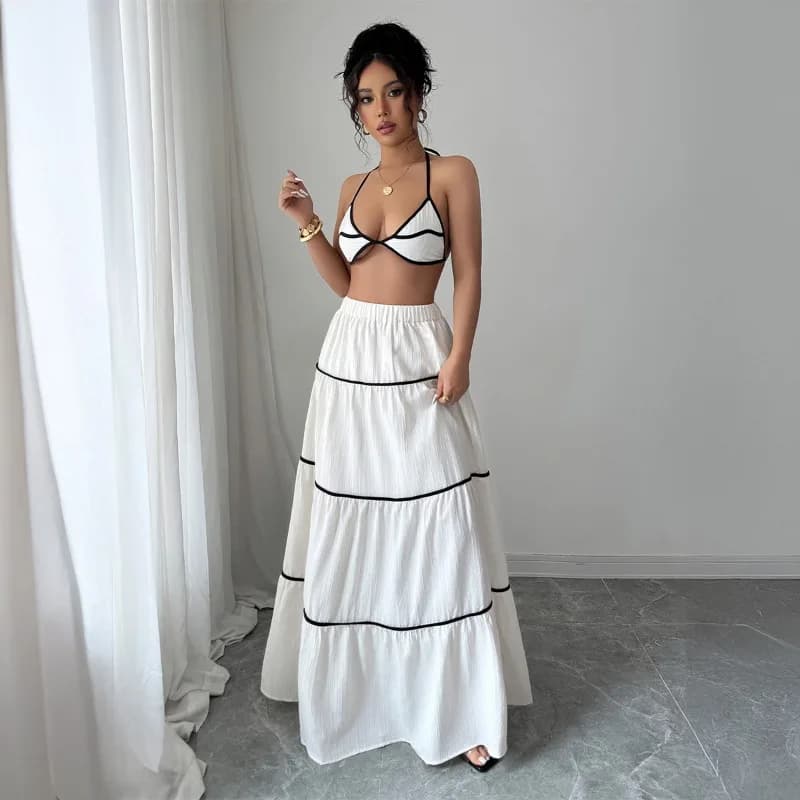 New Sexy Women's Set with Long Summer Gonna, Color Blocks, V Neck Background, Spalline and Line A skirt, Suitable for Beach