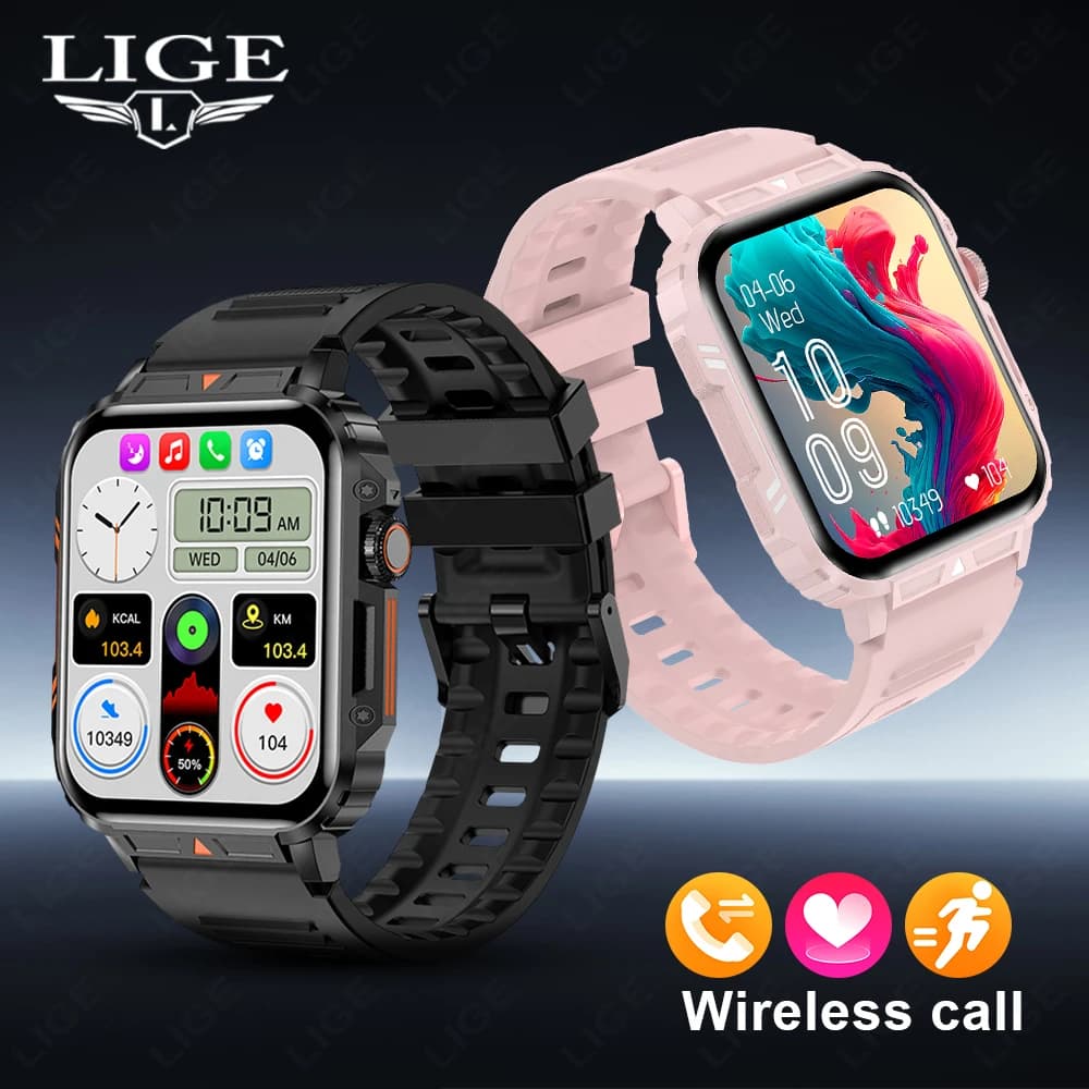 LIGE 2026 Military Smartwatch from 1.95 Men's Bicycles, Bluetooth calls, Waterproof, Fitness Sports Clock for Android iOS