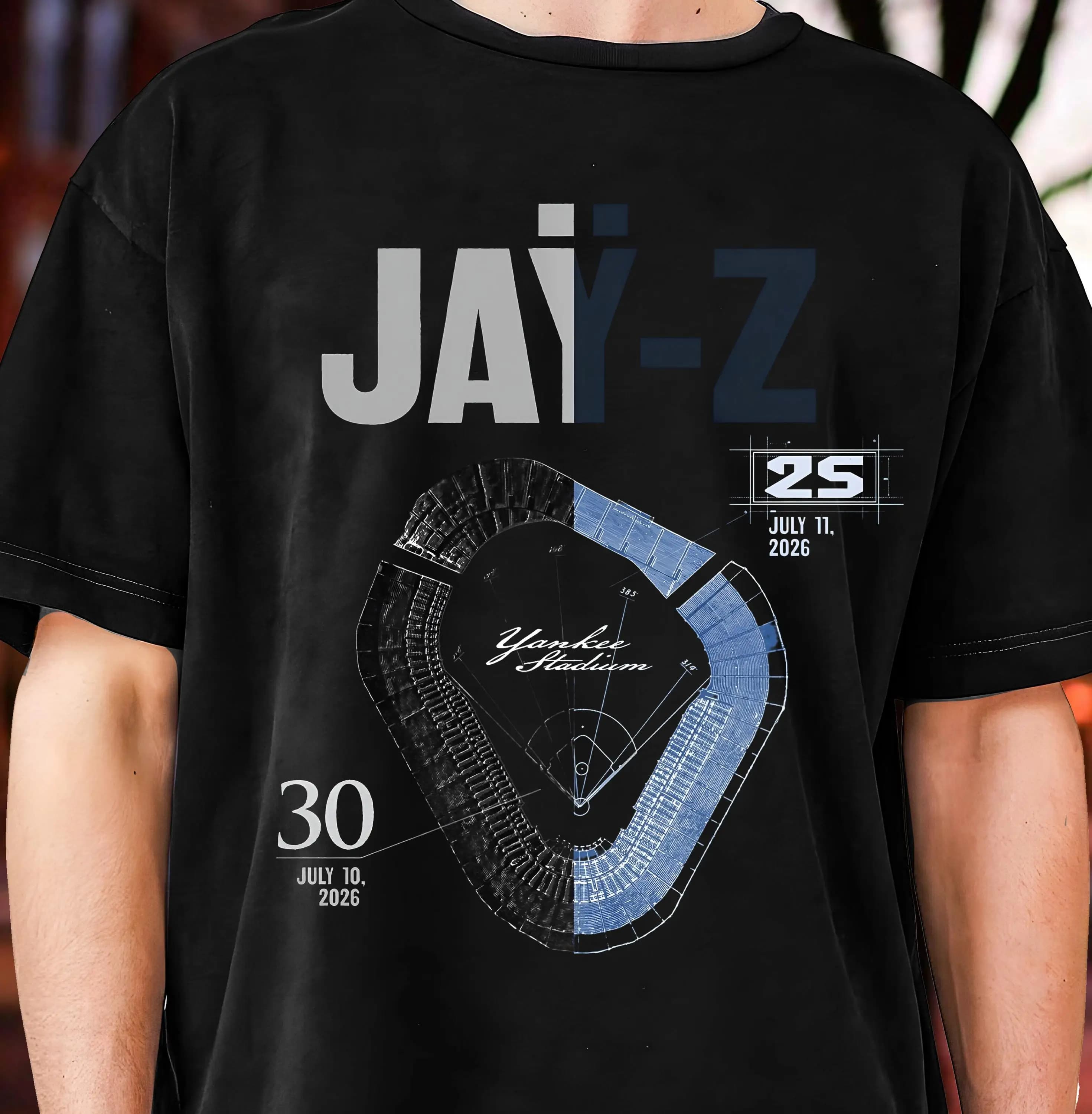 Jay-Z Yankee Stadium 2026 Graphic T Shirt Vintage Stadium Blueprint Print Oversized Cotton Unisex Hip Hop Rap Concert Merch