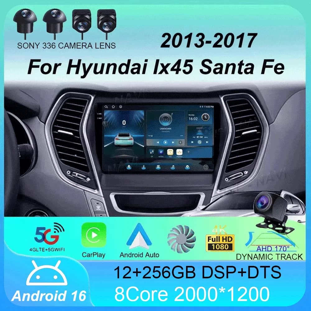 Autoradio Android 16 per Hyundai ix45 Santa Fe 2013-2017 con GPS, Carplay, Lettore Multimediale, Navigazione, Stereo Auto e DSP