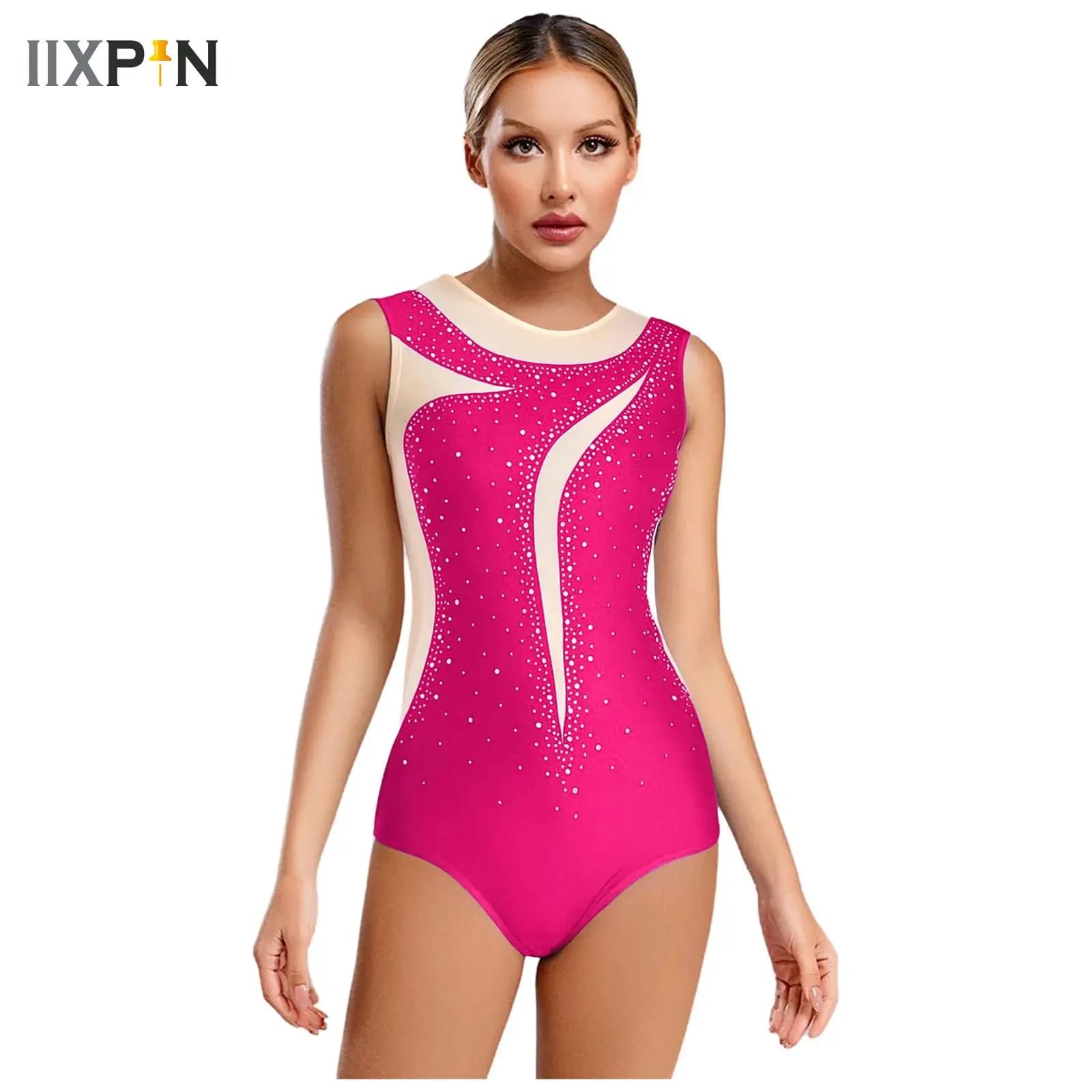 Body da ballo in rete da donna Body da balletto senza maniche Maglia da pattinaggio di figura Ginnastica ritmica Pratica yoga Body Body