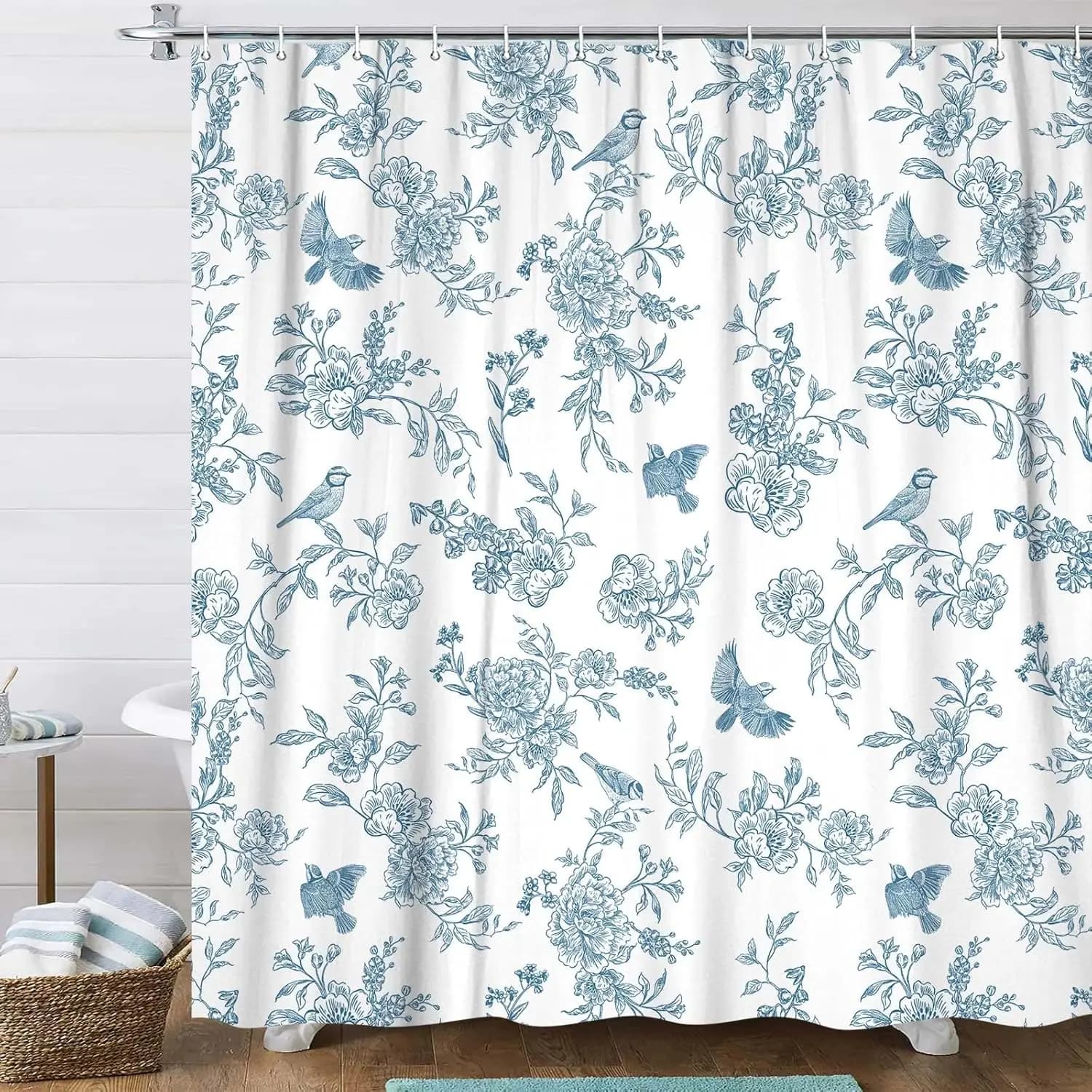 Vintage Blue Sketch Peony Bird Floral Vine Toile Pattern Shower Curtain Waterproof Mildew Resistant Polyester Fabric With Plasti